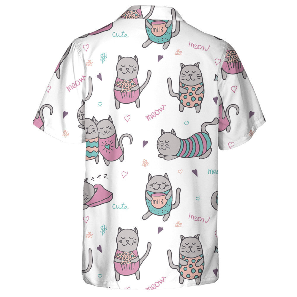 Cartoon Hand Drawn Grey Cats On White Background Hawaiian Shirt, Hawaiian Shirt Gift, Christmas Gift