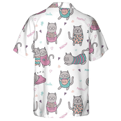 Cartoon Hand Drawn Grey Cats On White Background Hawaiian Shirt, Hawaiian Shirt Gift, Christmas Gift
