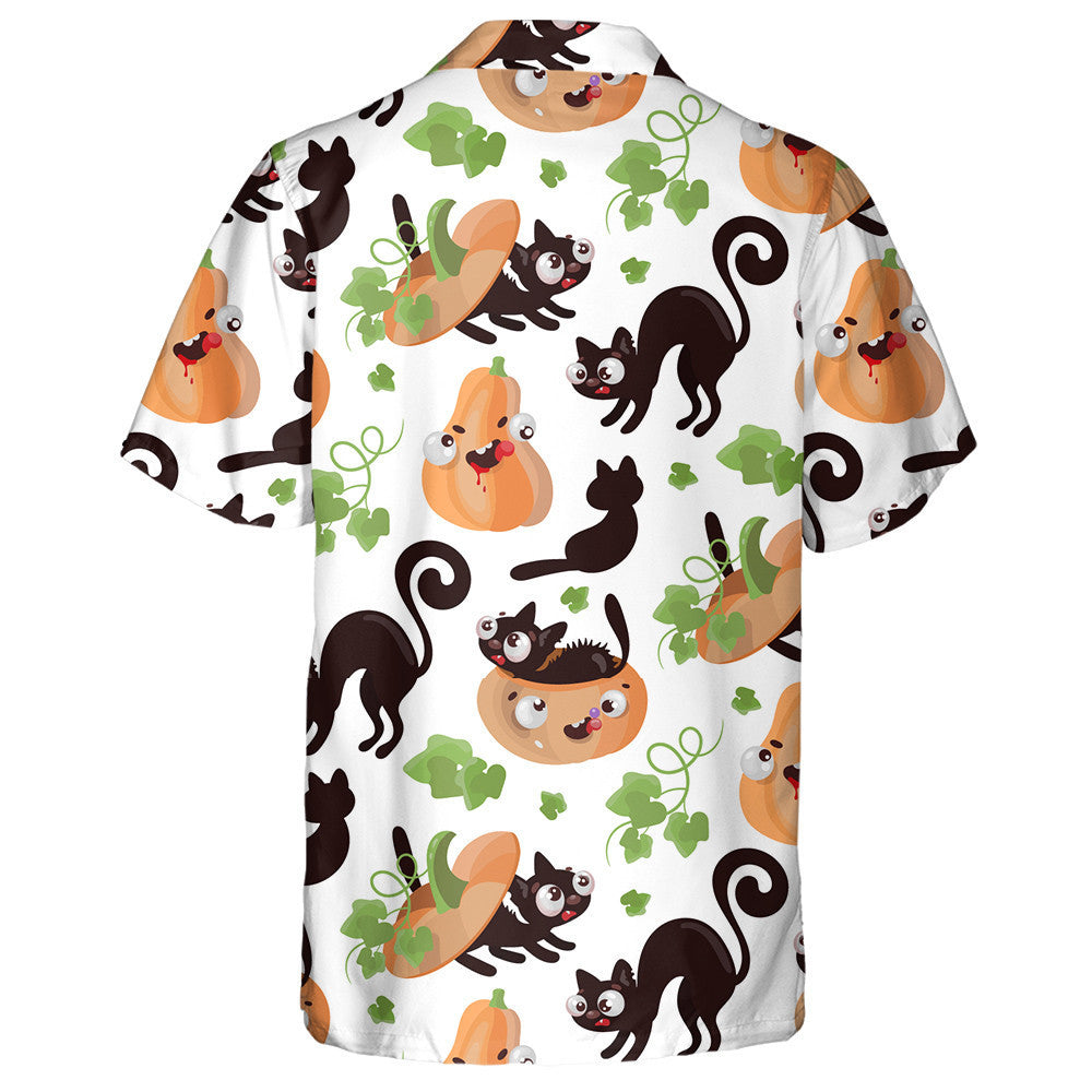 Halloween Cat And Pumpkin With Leaves Hawaiian Shirt, Hawaiian For Gift