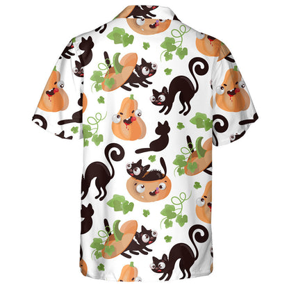Halloween Cat And Pumpkin With Leaves Hawaiian Shirt, Hawaiian For Gift
