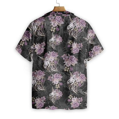 Unicorn Skull Flowers On Black Background Design Hawaiian Shirt, Hawaiian Shirt Gift, Christmas Gift