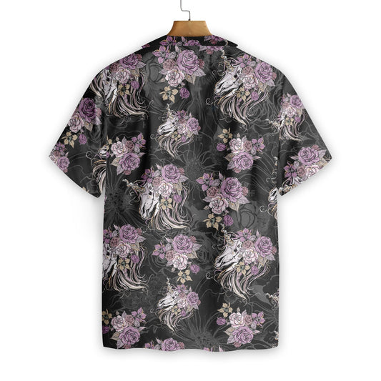Unicorn Skull Flowers On Black Background Design Hawaiian Shirt, Hawaiian Shirt Gift, Christmas Gift