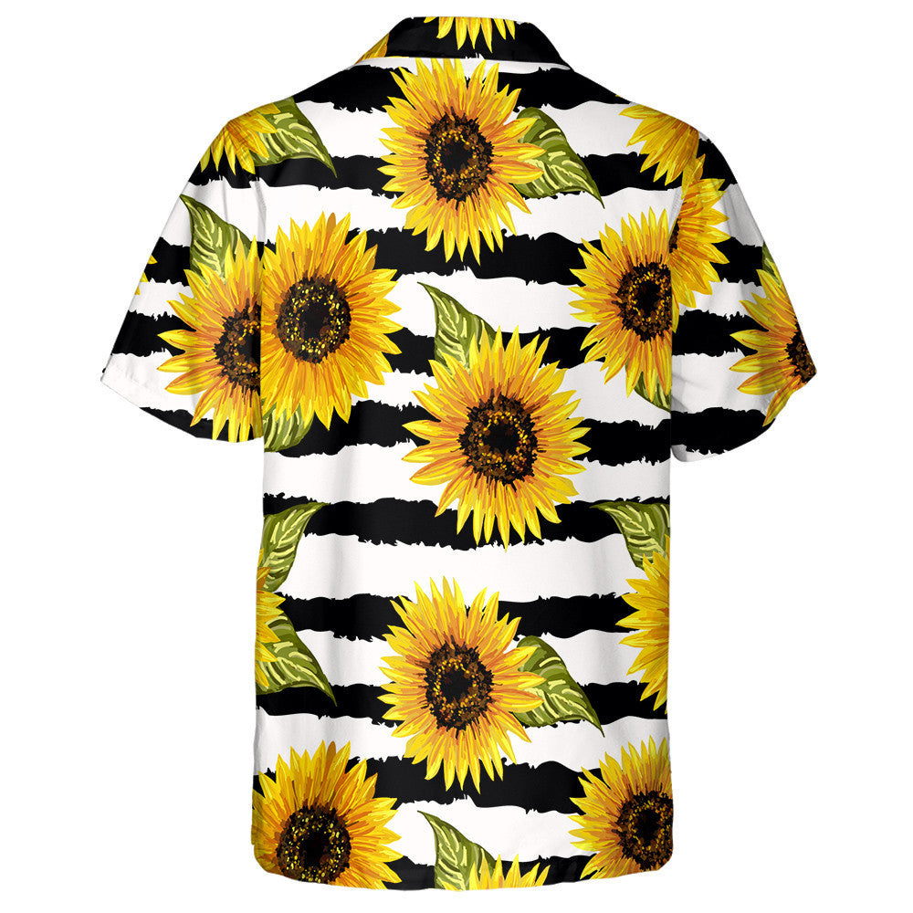 Vintage Sunflowers And Leaves On Abstract Black Striped Hawaiian Shirt, Hawaiian Shirt Gift, Christmas Gift
