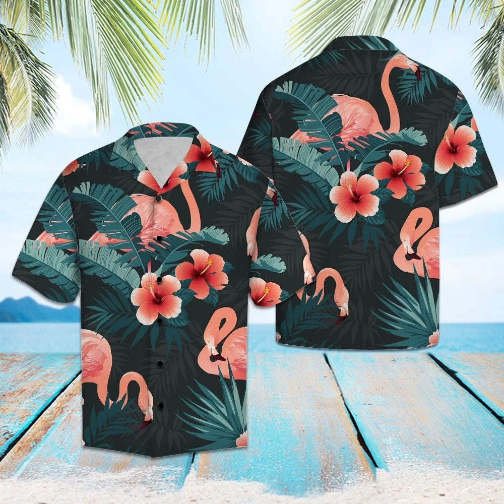 Giant Flamingo In Tropical Forest Hawaiian Shirt,Hawaiian Shirt Gift, Christmas Gift
