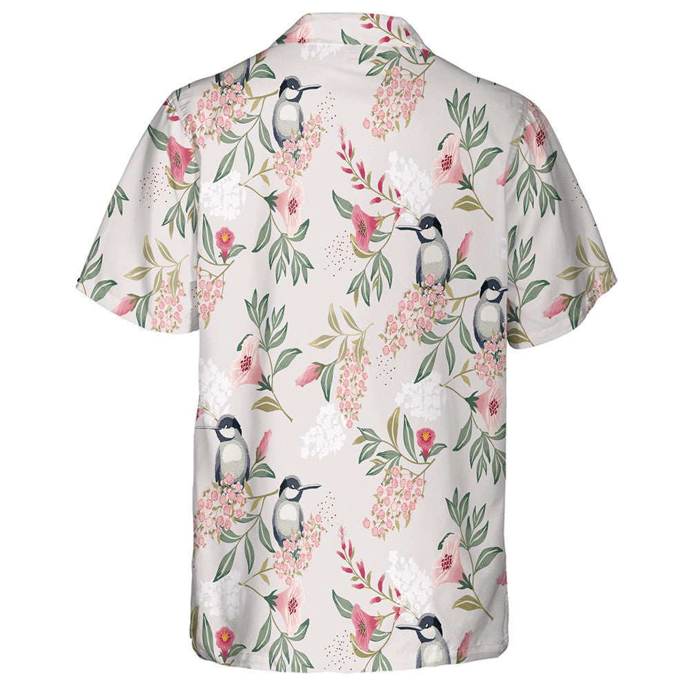 Long Billed Bird Perched On Pink Flower Branch Hawaiian Shirt, Hawaiian Shirt Gift, Christmas Gift