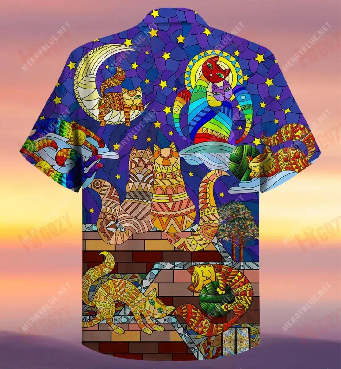 Cat Stained Glass On The Roof Unisex Short Hawaiian Shirt Ocean Hawaiian T Shirts Best Hawaiian Shirts Hawaiian Shirt Pattern, Hawaiian Shirt Gift, Christmas Gift