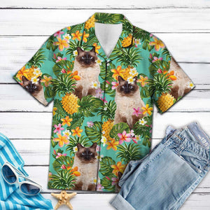 Balinese Cat With Tropical Flowers Pineapples Hawaiian Shirt, Hawaiian For Gift