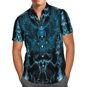 Attractive Blue Skull Guitar Death Wings Hawaiian Shirt, Hawaiian For Gift