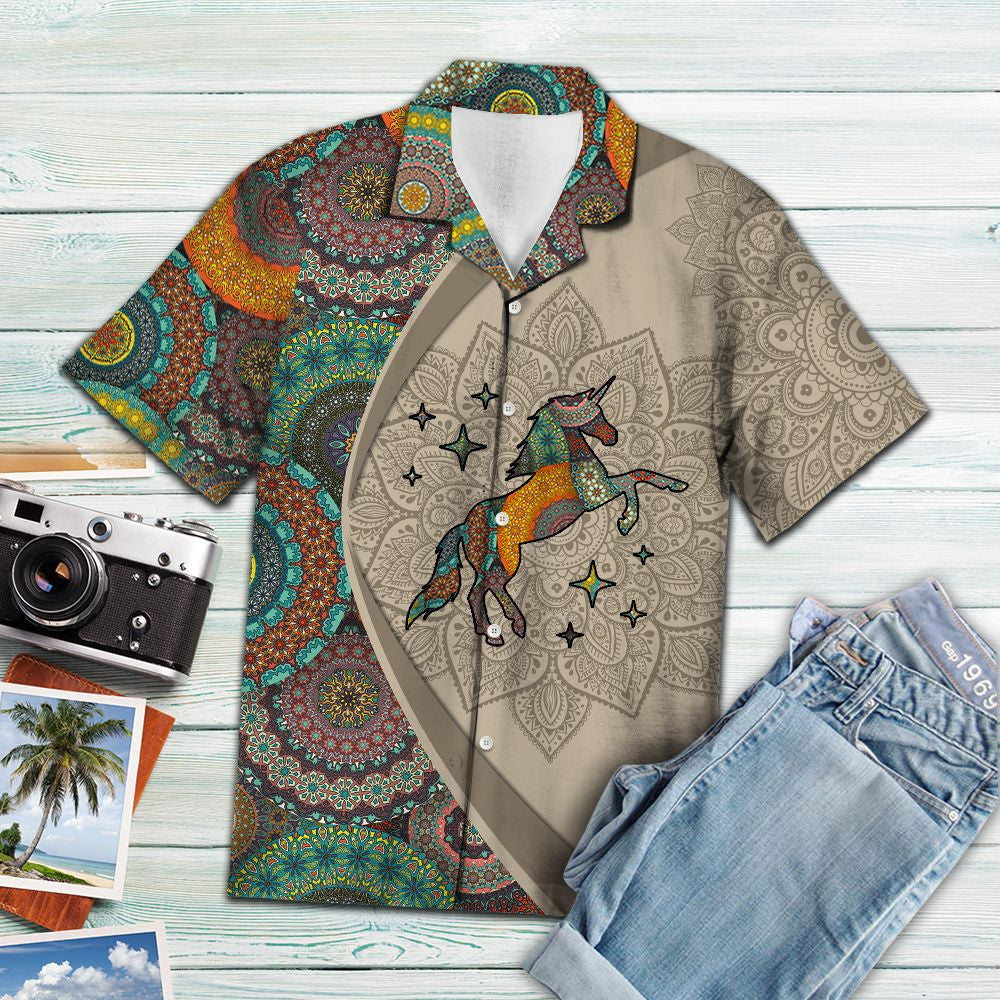 Fairy Tail Unicorn Mandala Style Flower Patchwork Hawaiian Shirt, Hawaiian Shirt Gift, Christmas Gift