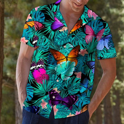 Tropical Butterfly Group Palm Leaves Summer Vacation Themed Hawaiian Shirt, Hawaiian Shirt Gift, Christmas Gift