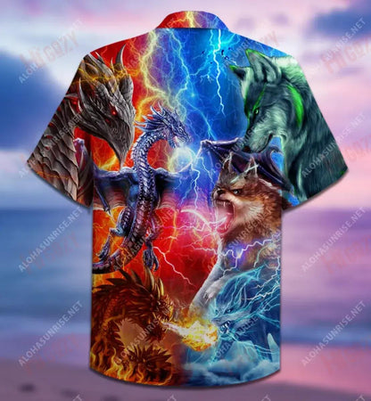 Dragons Wolves Short Hawaiian Shirt Vacation Aloha Shirt Custom Hawaiian Shirts Funny Hawaiian Shirts, Hawaiian Shirt Gift, Christmas Gift