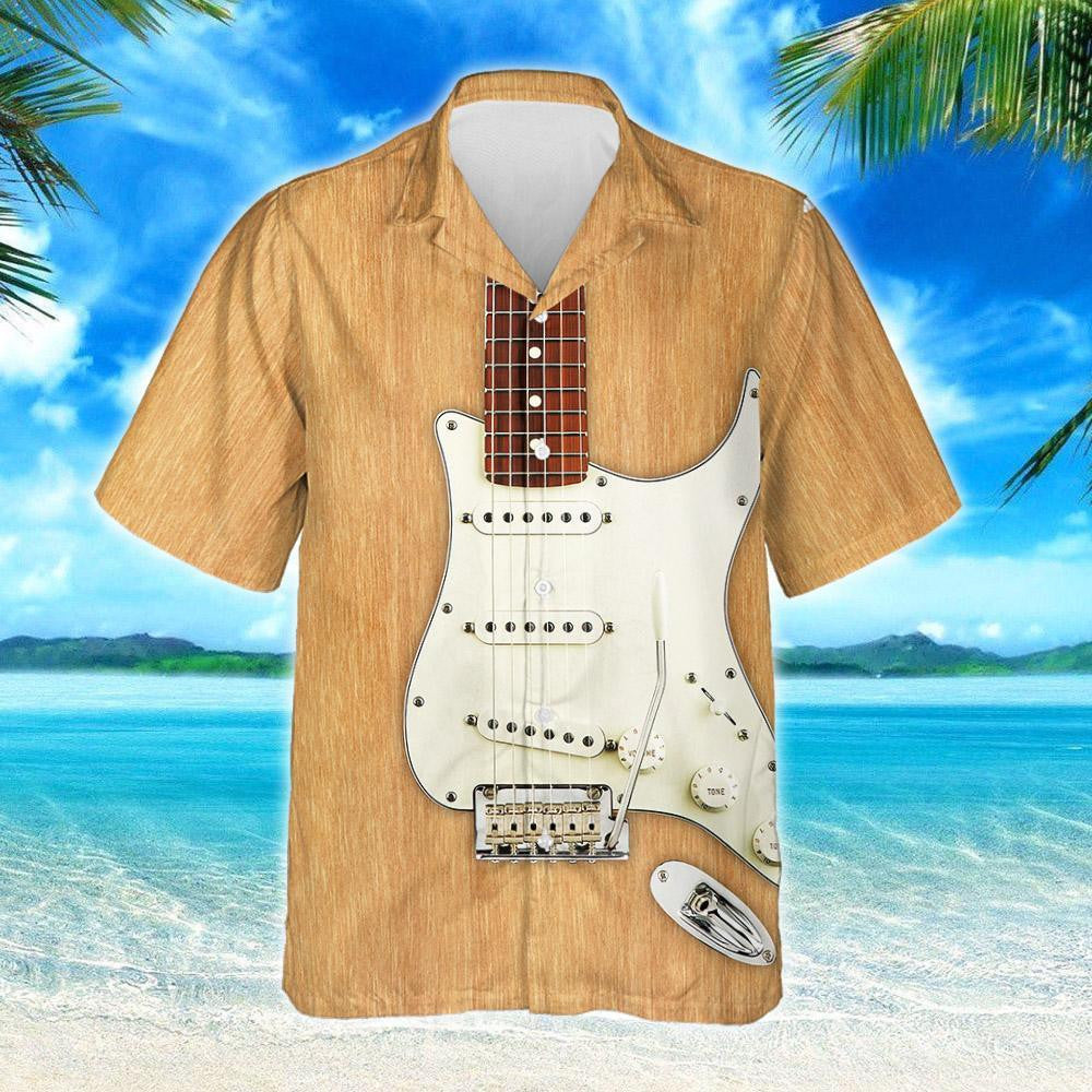 Electric Guitar In Beige Material Pattern Summer Vibes Hawaiian Shirt, Hawaiian Shirt Gift, Christmas Gift