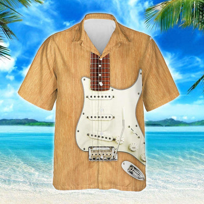Electric Guitar In Beige Material Pattern Summer Vibes Hawaiian Shirt, Hawaiian Shirt Gift, Christmas Gift
