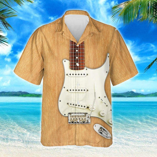 Electric Guitar In Beige Material Pattern Summer Vibes Hawaiian Shirt, Hawaiian Shirt Gift, Christmas Gift