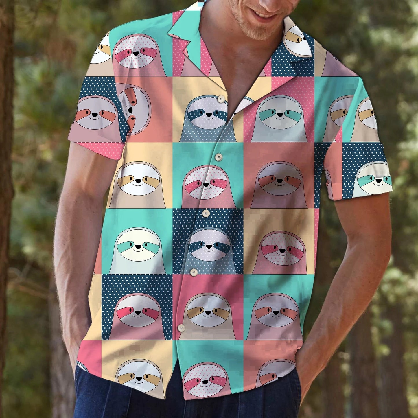 Baby Sloths Portrait Cartoon On Colorful Frame Hawaiian Shirt, Hawaiian Shirt Gift, Christmas Gift