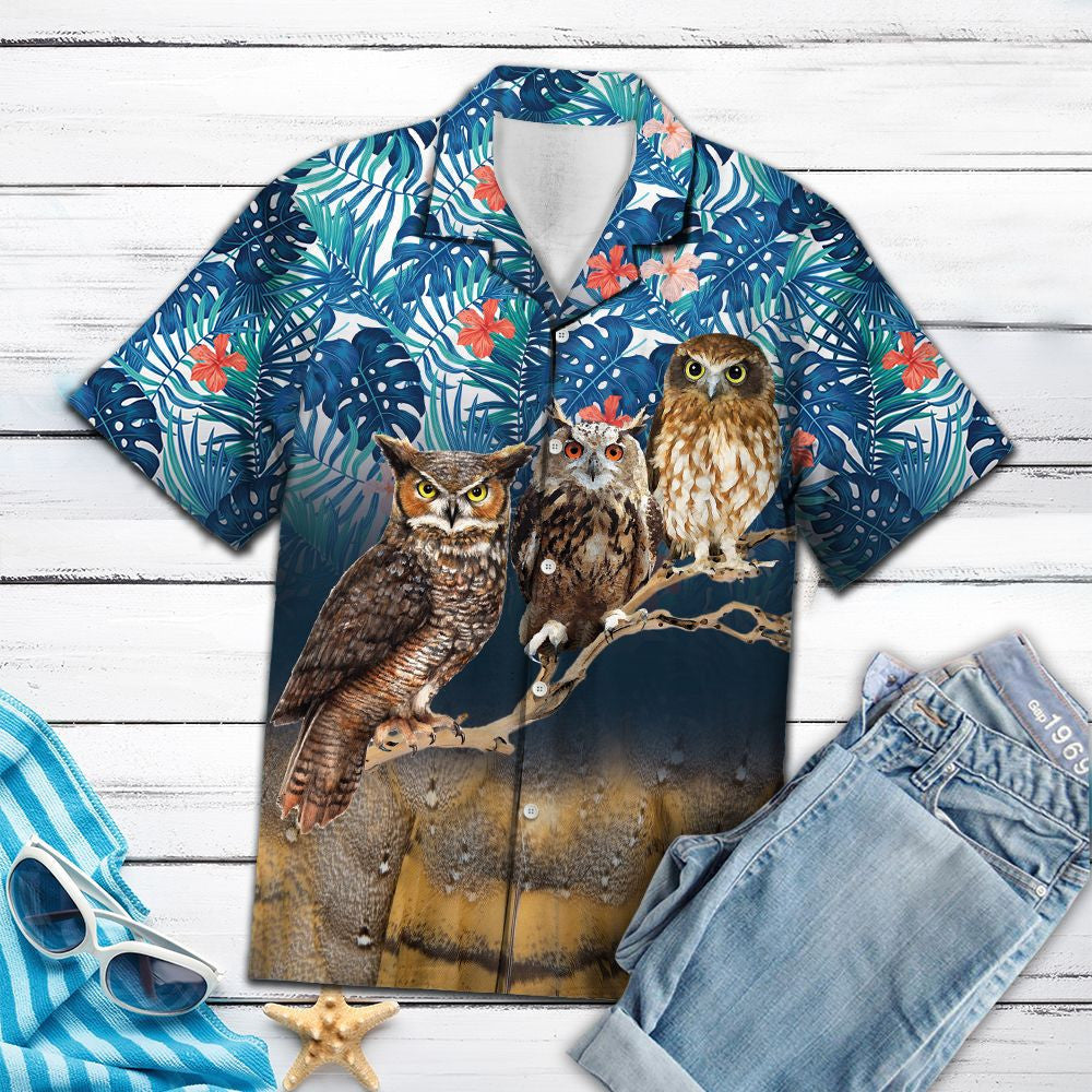 Hawaiian Shirt Owl Family Perched On Branch Tree With Tropical Flowers, Hawaiian Shirt Gift, Christmas Gift