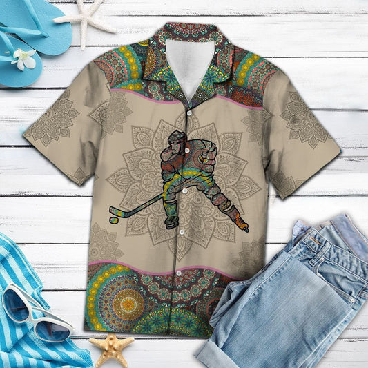 Posed Of Hockey Player Mandala Patchwork Brown Themed Hawaiian Shirt, Hawaiian Shirt Gift, Christmas Gift