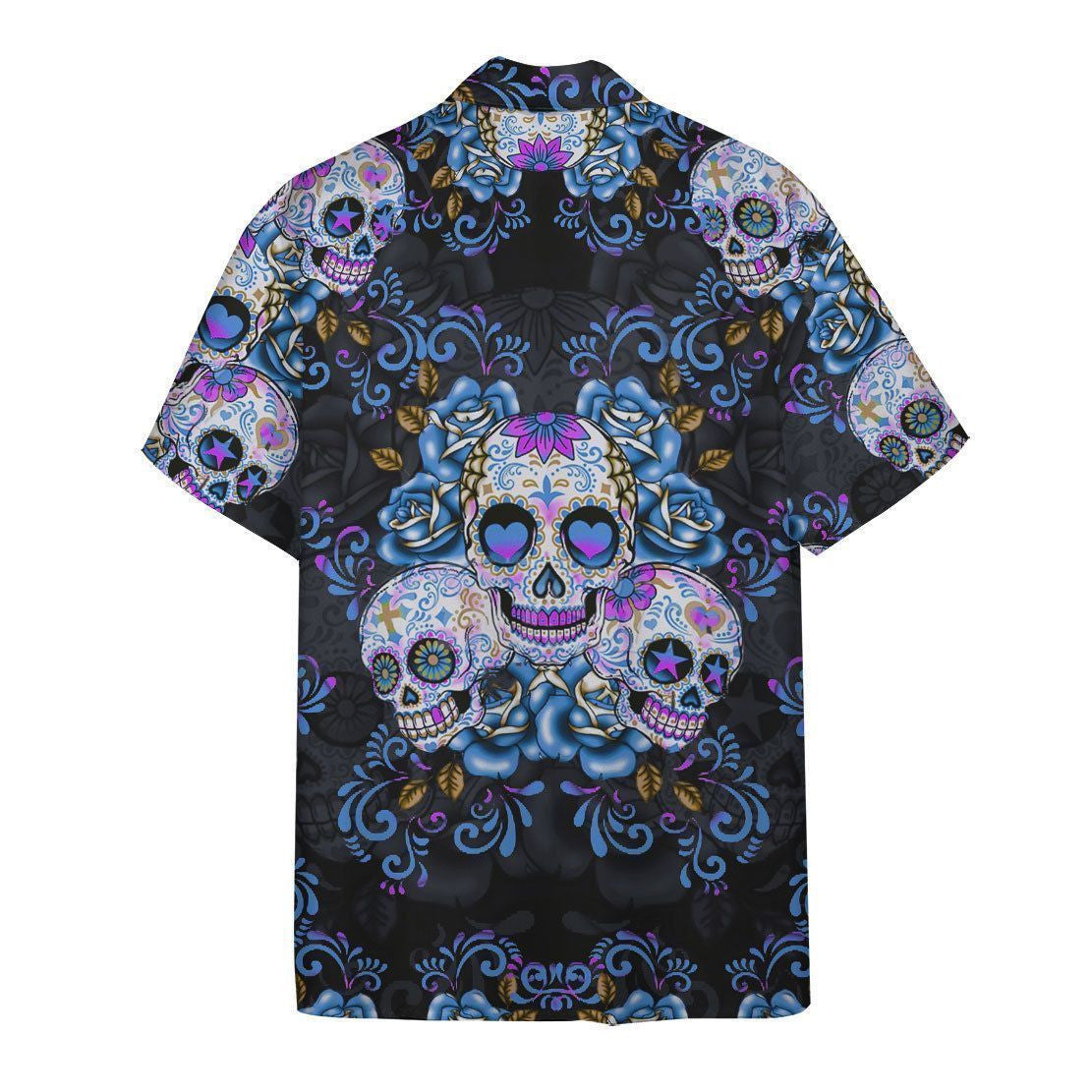 Blue Sugar Skull On Black Skin Pattern Hawaiian Shirt, Hawaiian Shirt Gift, Christmas Gift