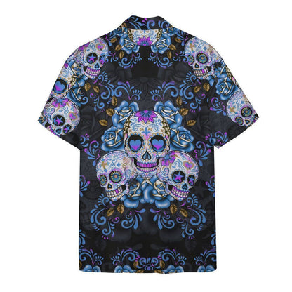 Blue Sugar Skull On Black Skin Pattern Hawaiian Shirt, Hawaiian Shirt Gift, Christmas Gift