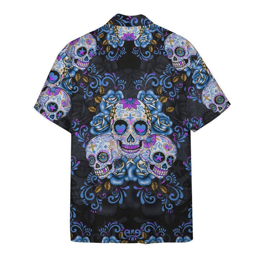Blue Sugar Skull On Black Skin Pattern Hawaiian Shirt, Hawaiian Shirt Gift, Christmas Gift