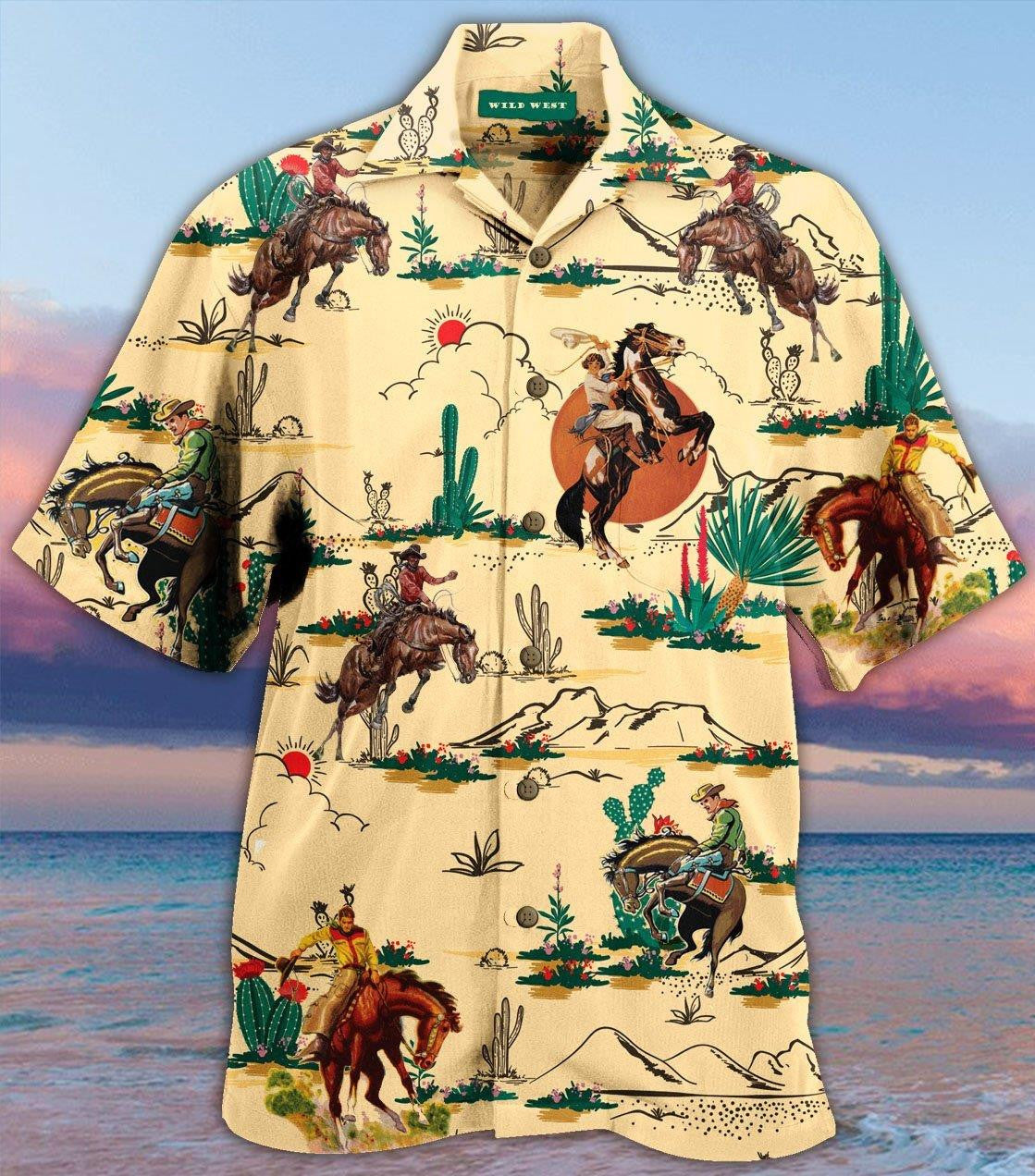 Vintage Cowboy Hand Drawn On Beige Background Hawaiian Shirt, Hawaiian Shirt Gift, Christmas Gift