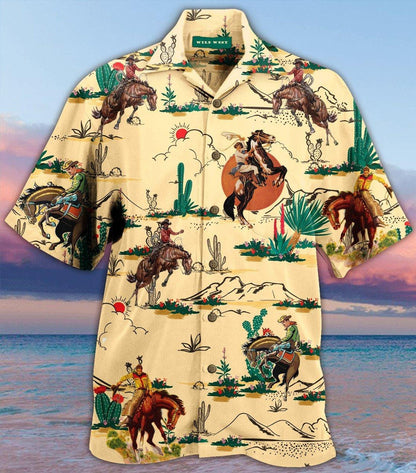 Vintage Cowboy Hand Drawn On Beige Background Hawaiian Shirt, Hawaiian Shirt Gift, Christmas Gift