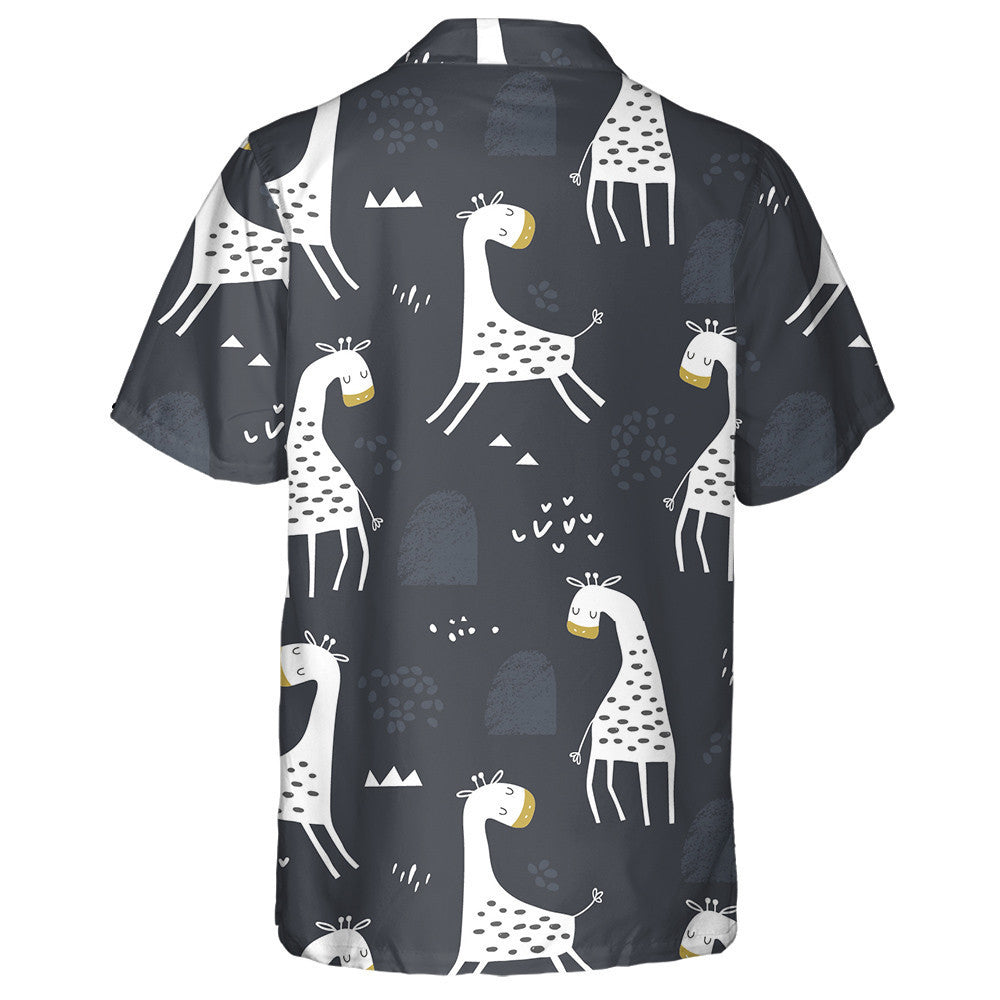 Lovely White Giraffe Illustration Dark Background Pattern Hawaiian Shirt, Hawaiian Shirt Gift, Christmas Gift