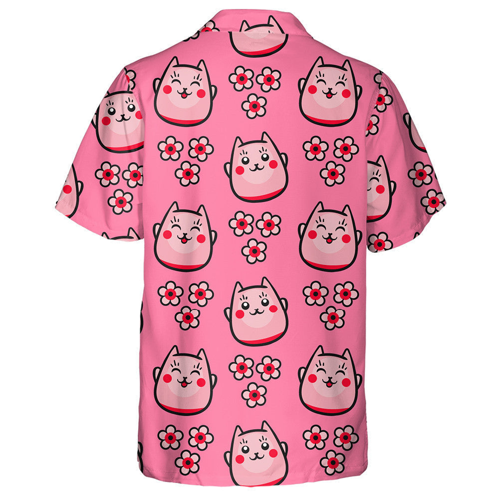 Japanese Cat Maneki Neko And Bright Pink Flowers Hawaiian Shirt, Hawaiian Shirt Gift, Christmas Gift