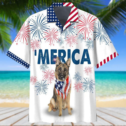 German Shepherd American Flag Red And White Firework Hawaiian Shirt, Hawaiian Shirt Gift, Christmas Gift
