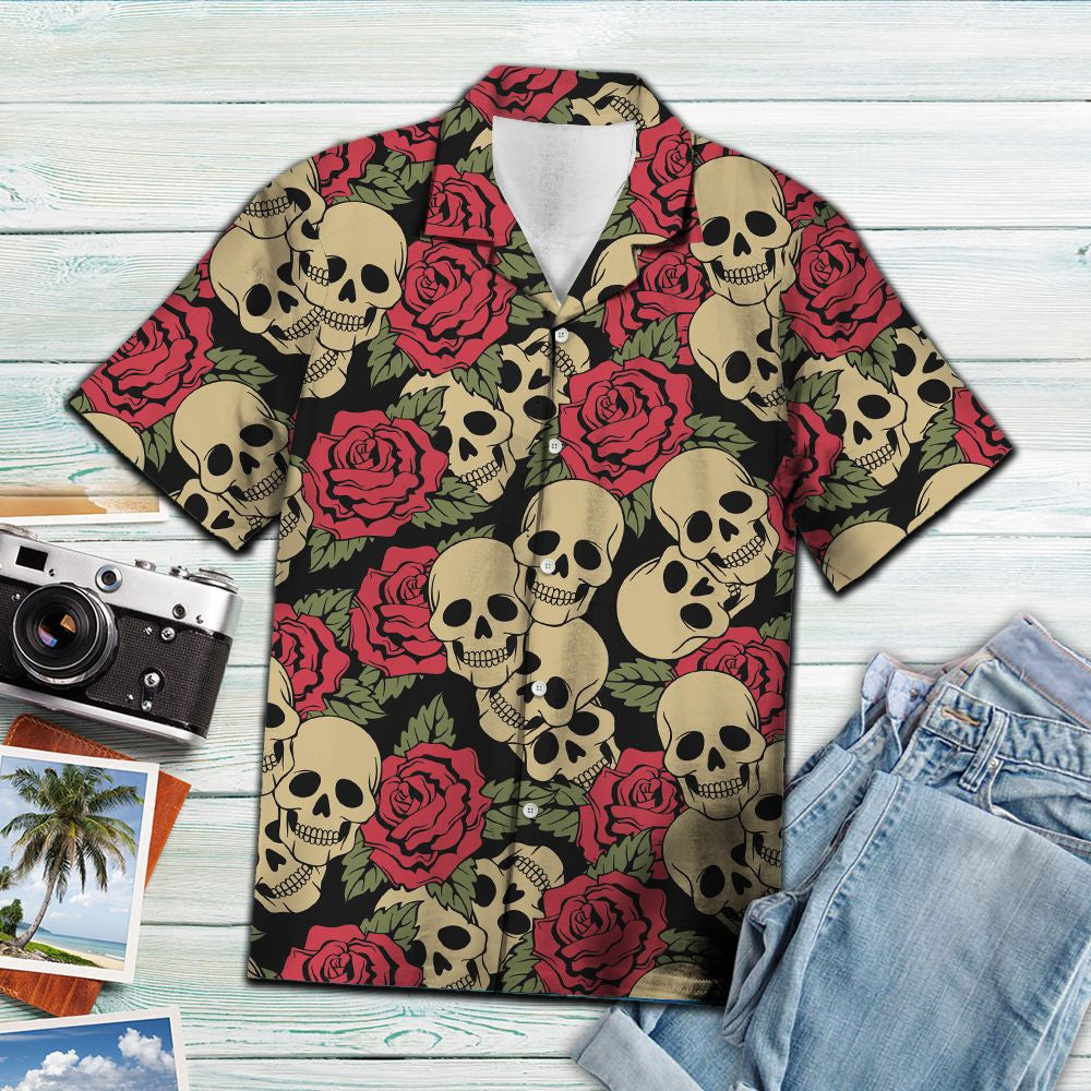 Gothic Skull With Red Roses Hawaiian Shirt,Hawaiian Shirt Gift, Christmas Gift
