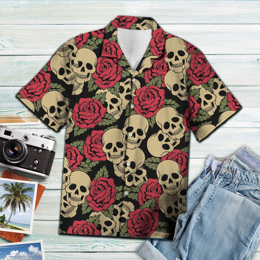 Gothic Skull With Red Roses Hawaiian Shirt,Hawaiian Shirt Gift, Christmas Gift
