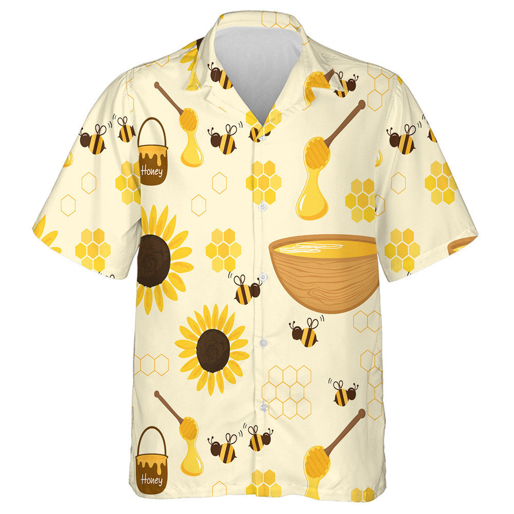 Bee Cartoons Honey Bucket Sunflower Hive Wooden Dipper Hawaiian Shirt, Hawaiian Shirt Gift, Christmas Gift