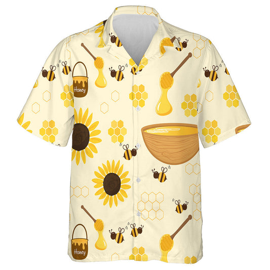 Bee Cartoons Honey Bucket Sunflower Hive Wooden Dipper Hawaiian Shirt, Hawaiian Shirt Gift, Christmas Gift