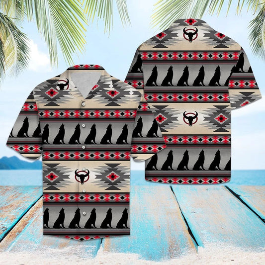 Black Howling Wolf Native American Border Pattern Hawaiian Shirt, Hawaiian Shirt Gift, Christmas Gift