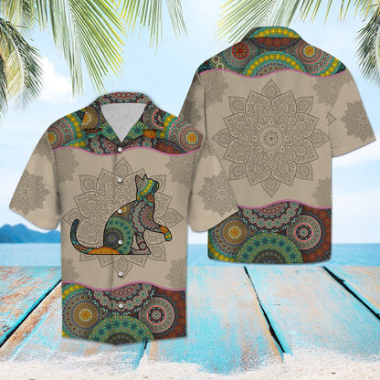 Brown Background Playful Cat Mandala Flower Patchwork Pattern Hawaiian Shirt, Hawaiian Shirt Gift, Christmas Gift