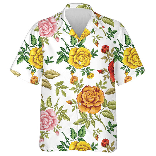 Colorful Roses Branch Art Pattern On White Background Hawaiian Shirt, Hawaiian Shirt Gift, Christmas Gift