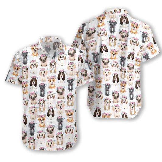 Cute Puppies With Flowers Crown White Background Hawaiian Shirt, Hawaiian Shirt Gift, Christmas Gift