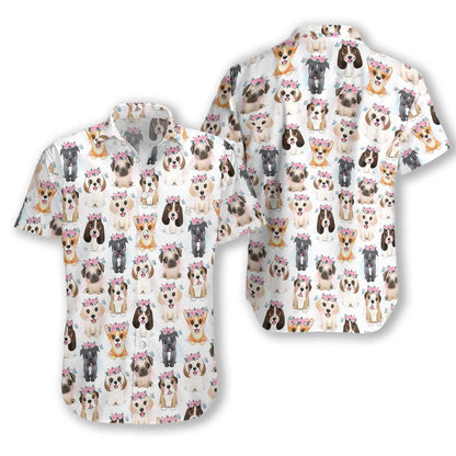Cute Puppies With Flowers Crown White Background Hawaiian Shirt, Hawaiian Shirt Gift, Christmas Gift