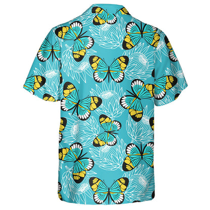 Hand Drawn Butterflies And Protea Flowers Hawaiian Shirt, Hawaiian For Gift