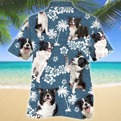 Border Collie Dog Blue And Black Tribal Pattern Hawaiian Shirt, Hawaiian Shirt Gift, Christmas Gift