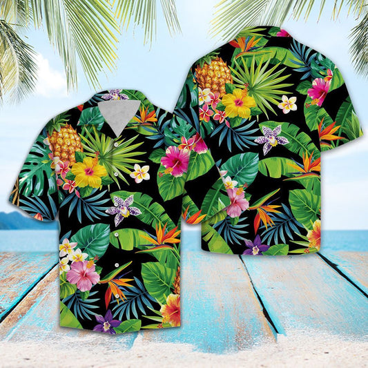 Tropical Pineapple With Different Plants Pattern Hawaiian Shirt,Hawaiian Shirt Gift, Christmas Gift