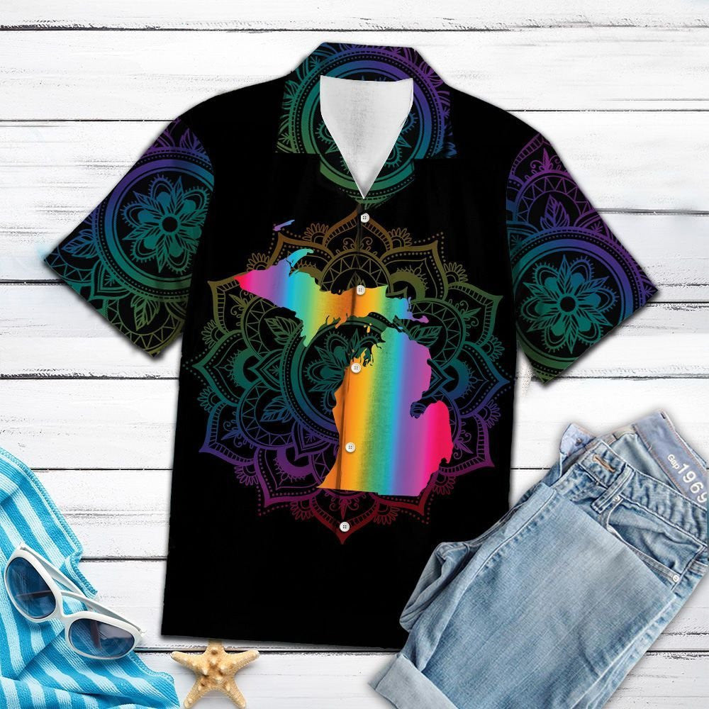 Awesome Michigan Map Mandala Flower Dark Themed Hawaiian Shirt, Hawaiian Shirt Gift, Christmas Gift