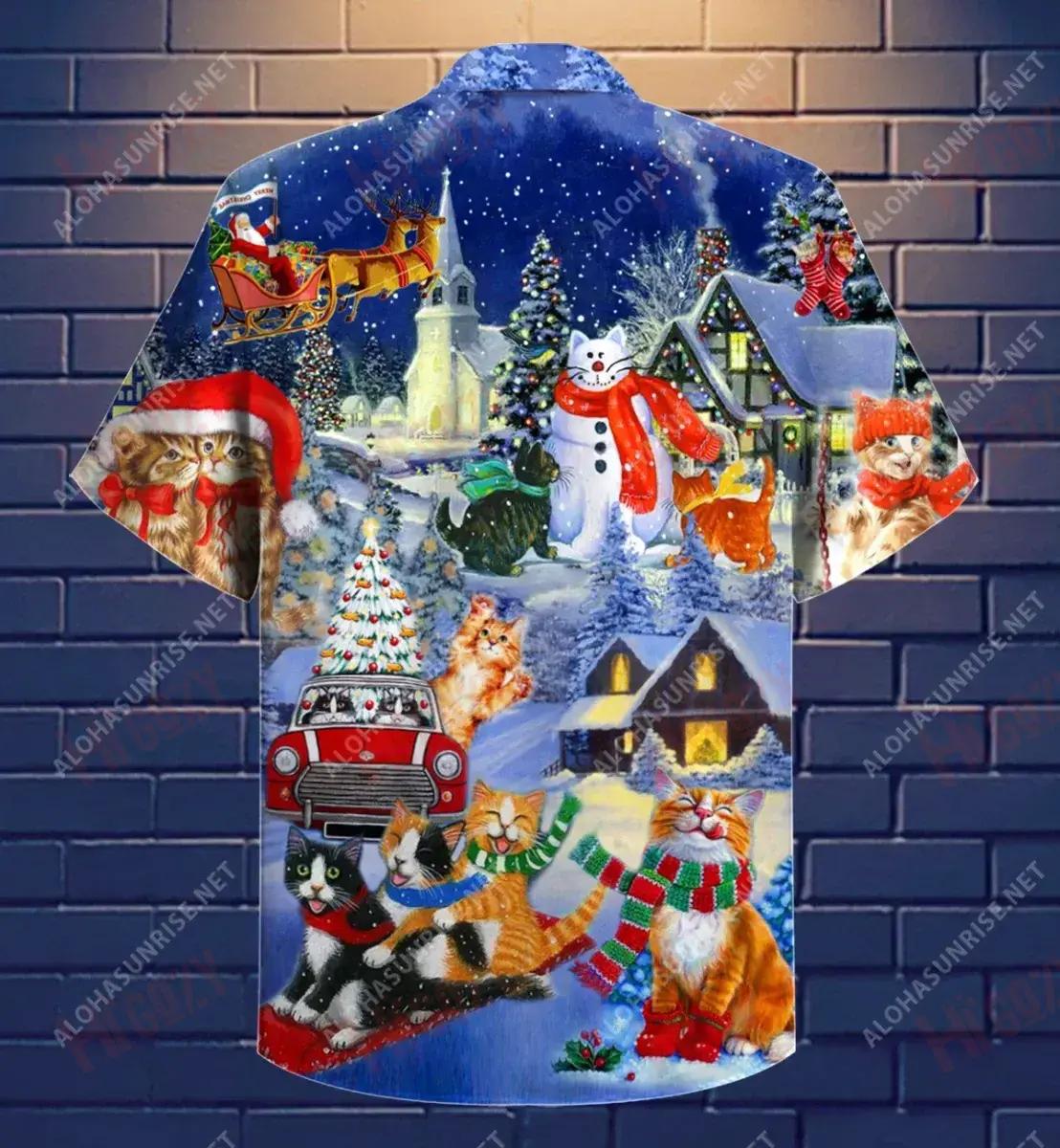 Cats Merry Fluffmas Short Hawaiian Shirt Ocean Short Sleeve Best Hawaiian Shirts Funny Hawaiian Shirts, Hawaiian Shirt Gift, Christmas Gift