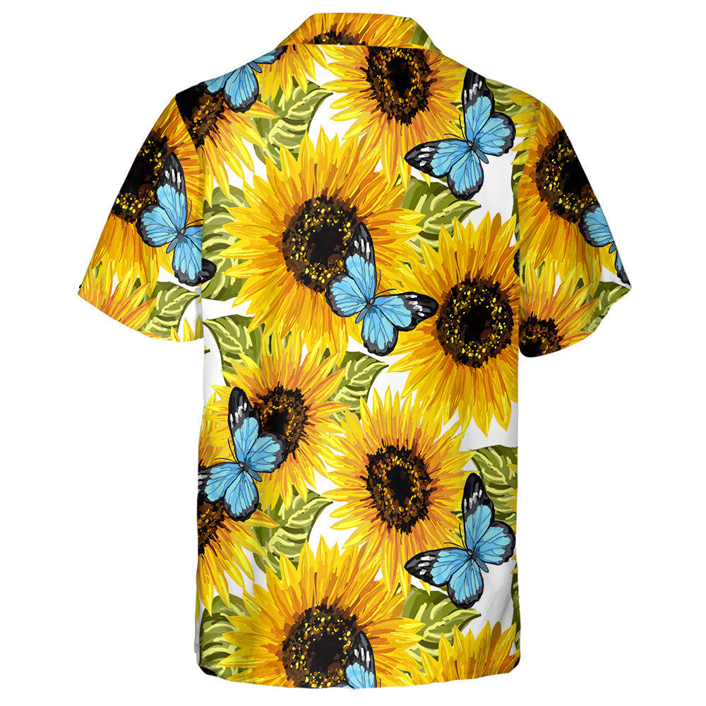 Sunflowers And Blue Butterfly On White Background Hawaiian Shirt, Hawaiian Shirt Gift, Christmas Gift
