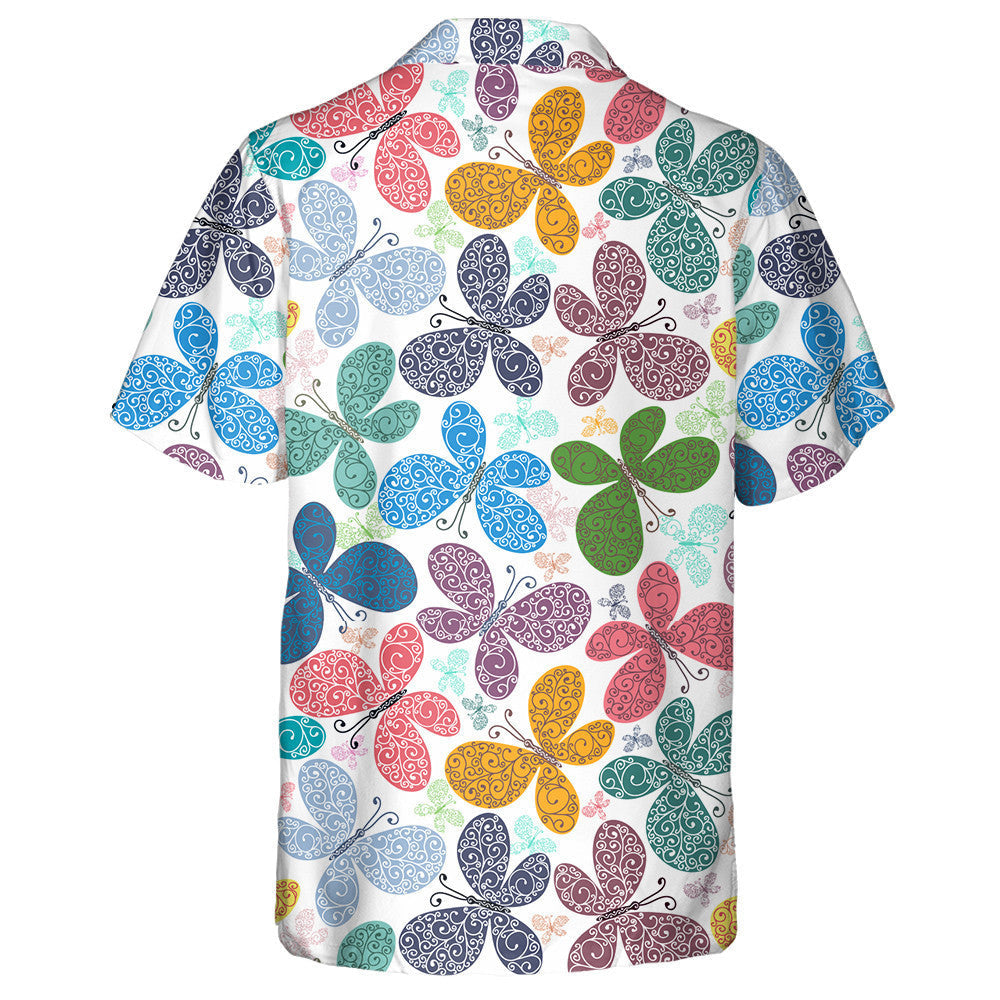 Spring Theme Silhouettes Colorful Butterflies On White Hawaiian Shirt, Hawaiian Shirt Gift, Christmas Gift