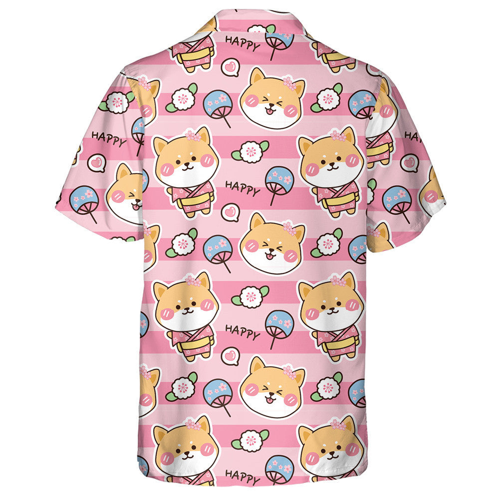 Cartoon Cute Shiba Inu With Flower Isolated Background Hawaiian Shirt, Hawaiian Shirt Gift, Christmas Gift