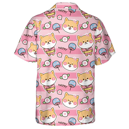 Cartoon Cute Shiba Inu With Flower Isolated Background Hawaiian Shirt, Hawaiian Shirt Gift, Christmas Gift
