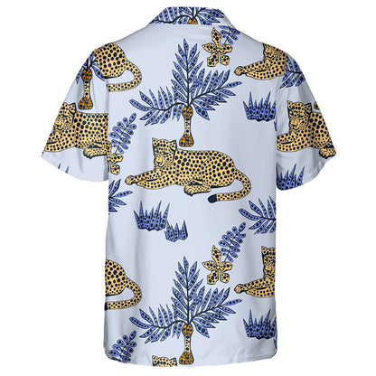 Hand Drawn Exotic Wild Leopards And Blue Leaf Hawaiian Shirt, Hawaiian Shirt Gift, Christmas Gift