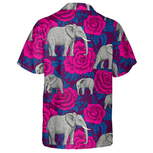 African Elephants With Dark Pink Rose Flowers Hawaiian Shirt, Hawaiian Shirt Gift, Christmas Gift