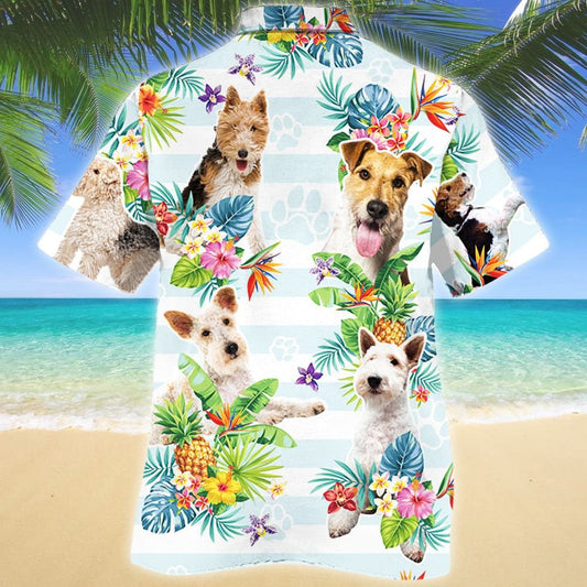 Blue Theme Wire Fox Terrier Dog Tropical Flower Hawaiian Shirt, Hawaiian Shirt Gift, Christmas Gift